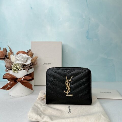 YSL 全新黑金粒面牛皮短夾