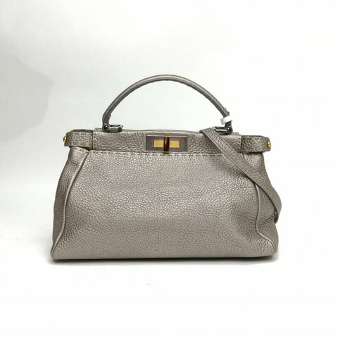 FENDI PEEKABOOREGULAR中號灰色牛皮金扣肩背包