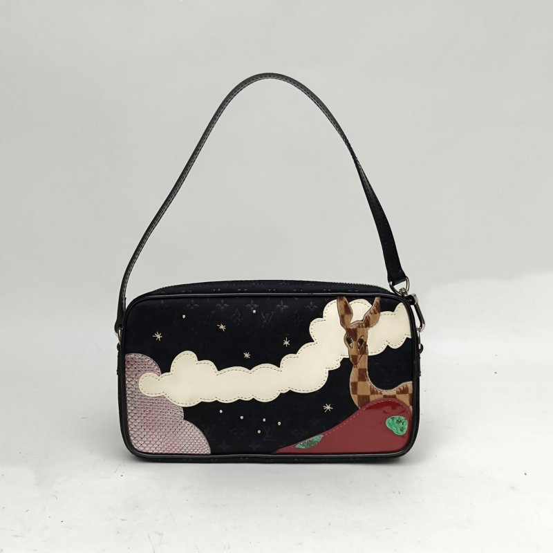 LOUIS VUITTON 中古童話森林系列緞面腋下包黑色銀扣肩背包-0