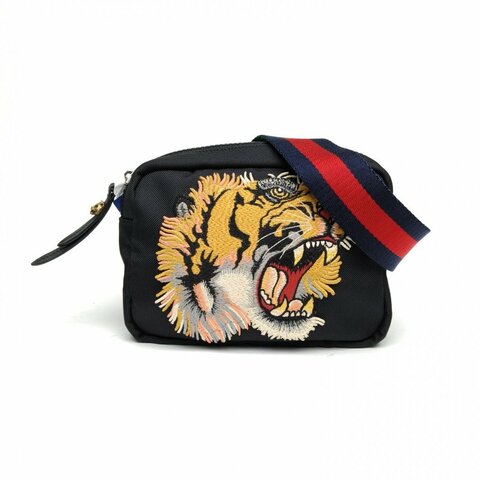 GUCCI 黑色帆布虎頭刺繡斜挎包肩背包