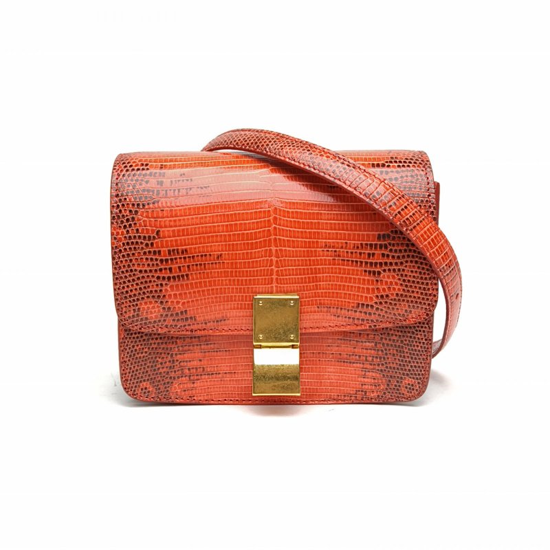 CELINE ClassicBox小號紅色蜥蜴皮金扣肩背包-0