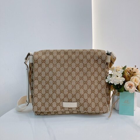 MS0711Gucci 古馳經典帆布 單肩斜挎包 銀扣米色 Shoulder Bag GG Canvas 30CM Beige x PHW