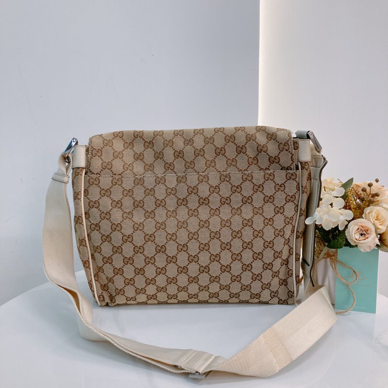 MS0711Gucci 古馳經典帆布 單肩斜挎包 銀扣米色 Shoulder Bag GG Canvas 30CM Beige x PHW-2