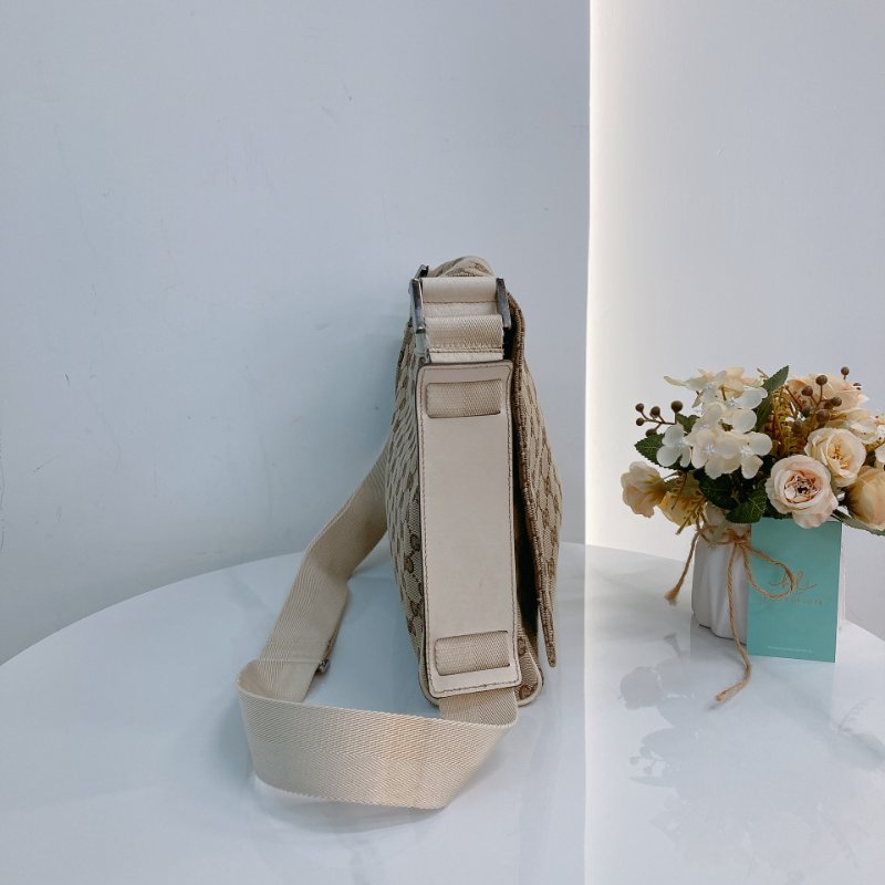 MS0711Gucci 古馳經典帆布 單肩斜挎包 銀扣米色 Shoulder Bag GG Canvas 30CM Beige x PHW-3