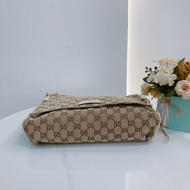 MS0711Gucci 古馳經典帆布 單肩斜挎包 銀扣米色 Shoulder Bag GG Canvas 30CM Beige x PHW-5