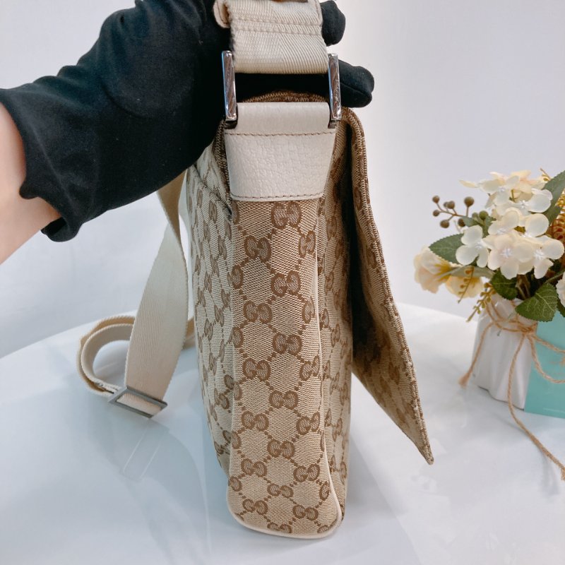 MS0711Gucci 古馳經典帆布 單肩斜挎包 銀扣米色 Shoulder Bag GG Canvas 30CM Beige x PHW-30