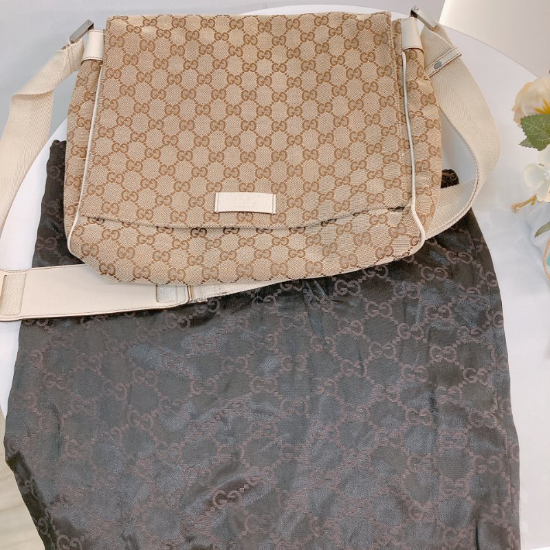 MS0711Gucci 古馳經典帆布 單肩斜挎包 銀扣米色 Shoulder Bag GG Canvas 30CM Beige x PHW-32