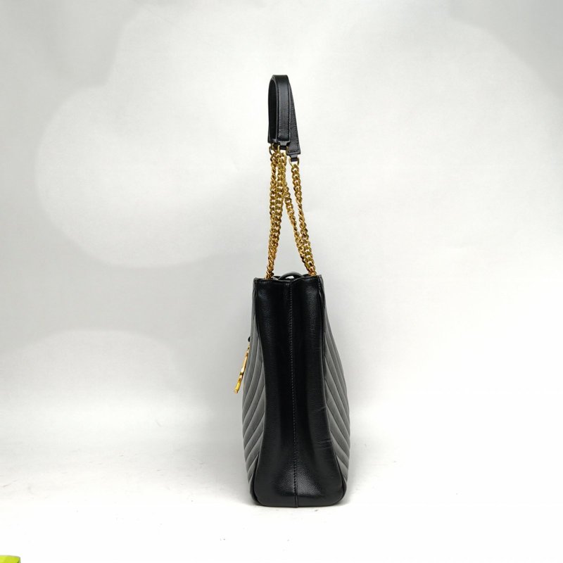 SAINT LAURENT 黑色牛皮金扣V紋信封單肩托特包肩背包-1