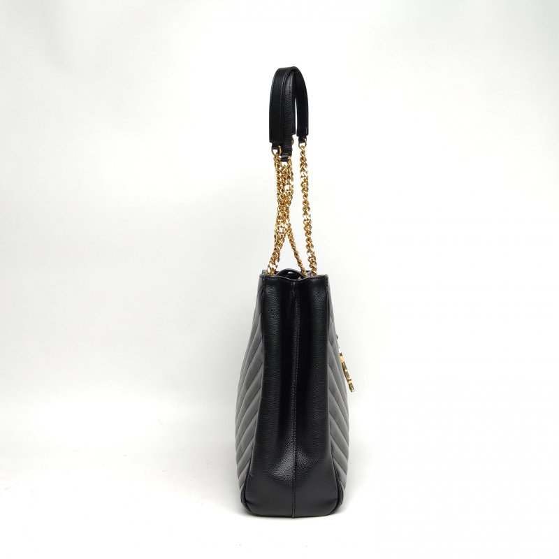SAINT LAURENT 黑色牛皮金扣V紋信封單肩托特包肩背包-3