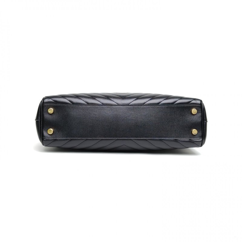 SAINT LAURENT 黑色牛皮金扣V紋信封單肩托特包肩背包-4