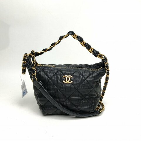 CHANEL 黑色羊皮31開金扣21S飯盒包hobo腋下包肩背包