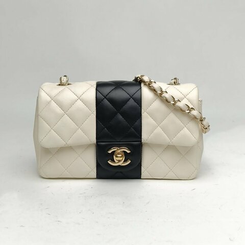 CHANEL CF口蓋包大Mini黑白羊皮晶片金扣肩背包