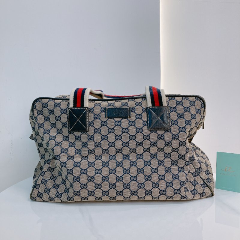 MS0710 古馳 經典帆布旅行包 銀扣深藍色 Gucci Boston GG Canvas 40CM Blue x PHW-0