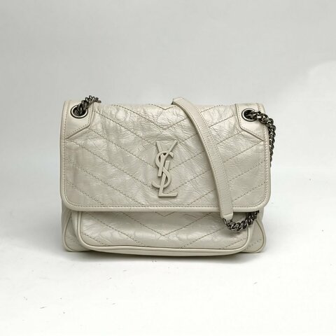 SAINT LAURENT Niki中號28白色牛皮白扣D扣肩背包