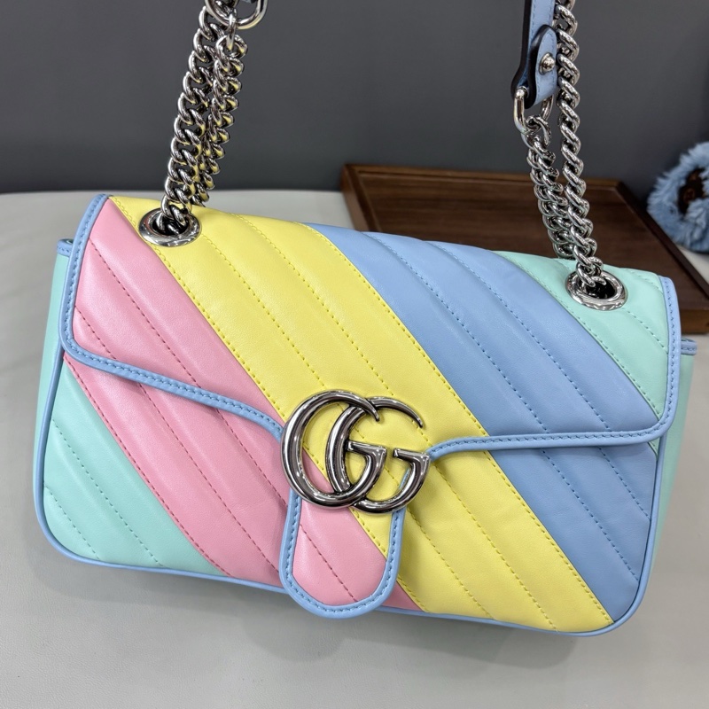 【近新閒置品】Gucci 馬卡龍拼色斜紋marmont26單肩斜挎鏈條包-0