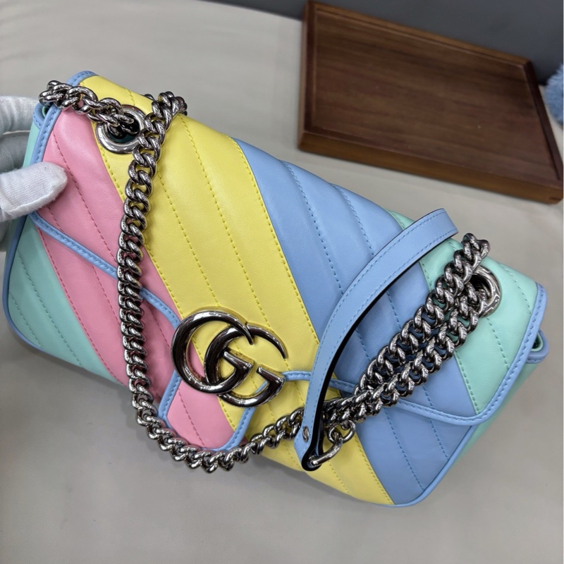 【近新閒置品】Gucci 馬卡龍拼色斜紋marmont26單肩斜挎鏈條包-6