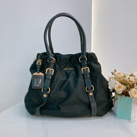 MS0709 Prada 普拉達尼龍手提包 黑色金扣 Tessuto Nylon Jacquard Logo Tote Bag Black x GHW