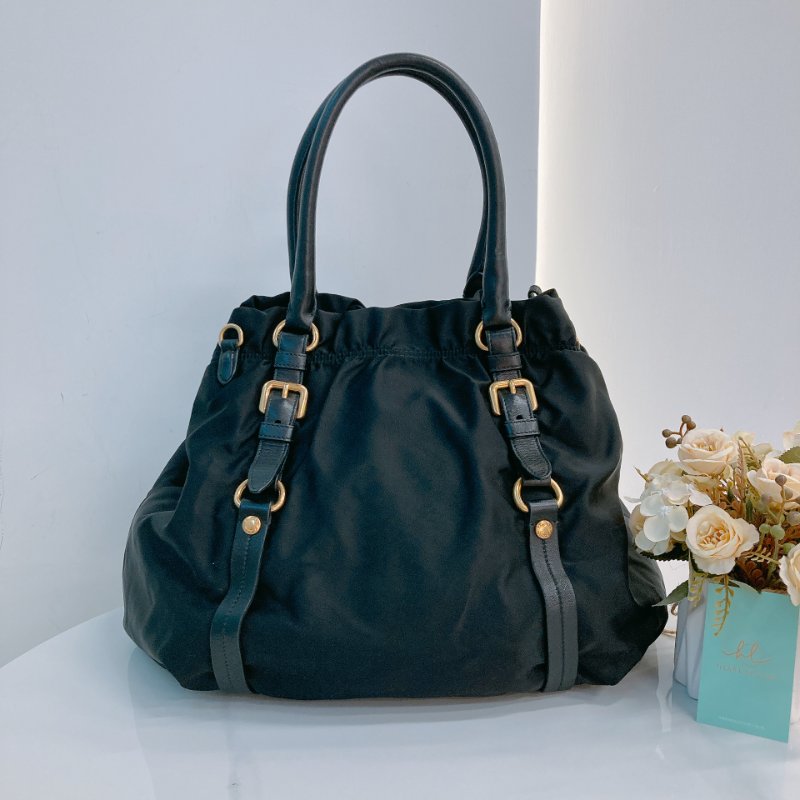 MS0709 Prada 普拉達尼龍手提包 黑色金扣 Tessuto Nylon Jacquard Logo Tote Bag Black x GHW-3