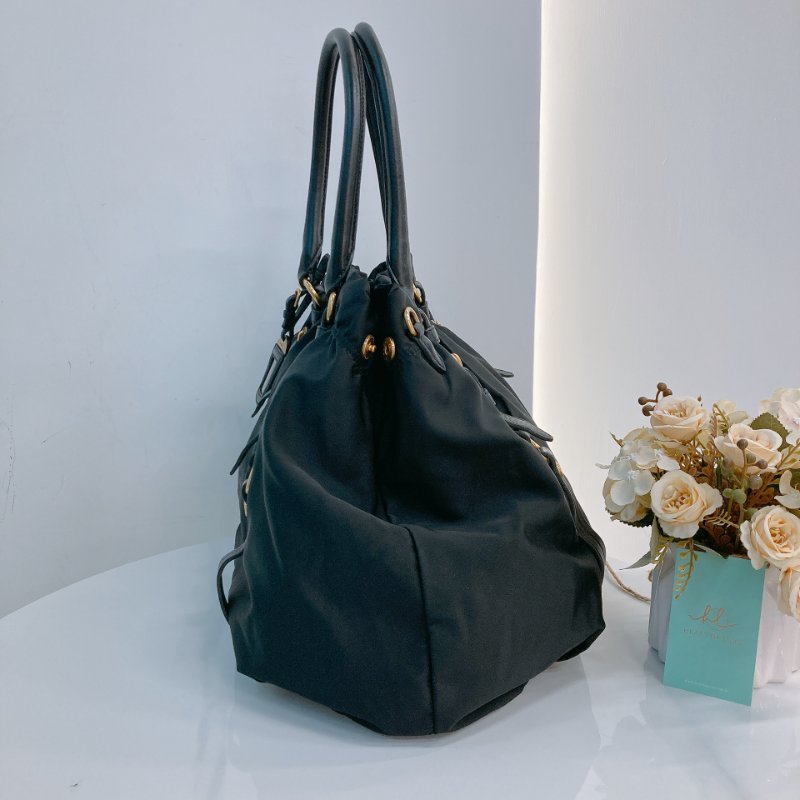 MS0709 Prada 普拉達尼龍手提包 黑色金扣 Tessuto Nylon Jacquard Logo Tote Bag Black x GHW-5