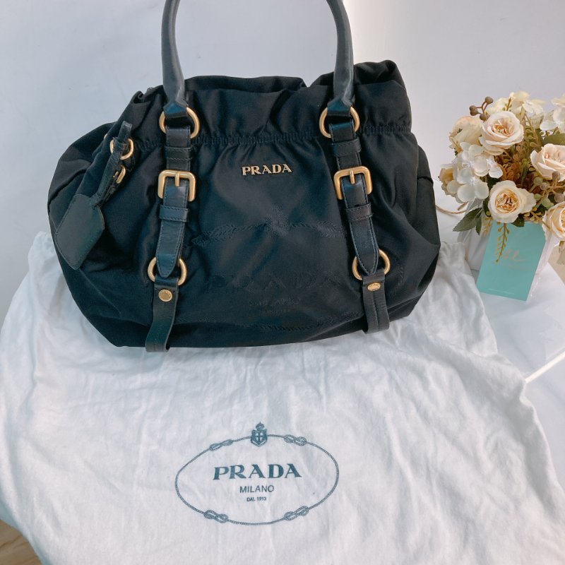 MS0709 Prada 普拉達尼龍手提包 黑色金扣 Tessuto Nylon Jacquard Logo Tote Bag Black x GHW-29