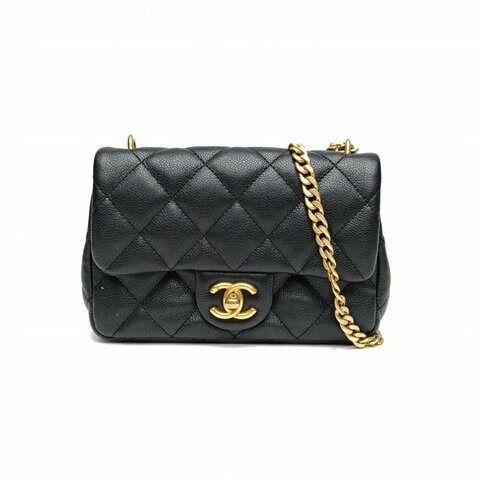 CHANEL 23PCF口蓋包黑色荔枝牛皮晶片金扣愛心金球肩背包