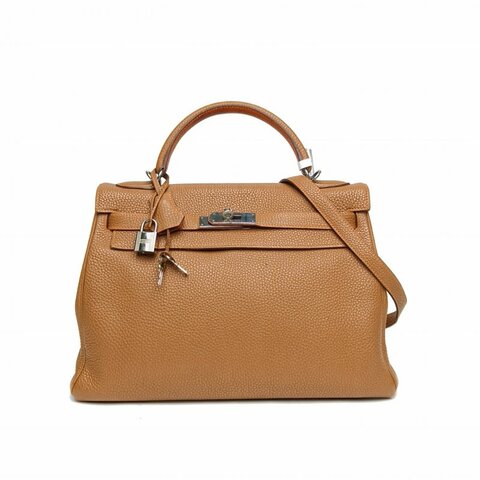 HERMES Kelly32金棕色拼愛馬仕橙Togo皮框N銀扣肩背包