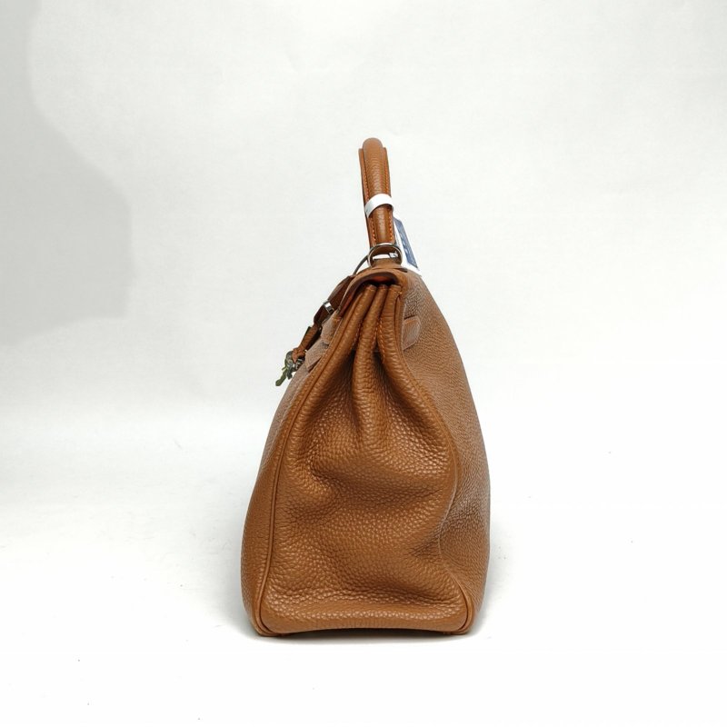 HERMES Kelly32金棕色拼愛馬仕橙Togo皮框N銀扣肩背包-1