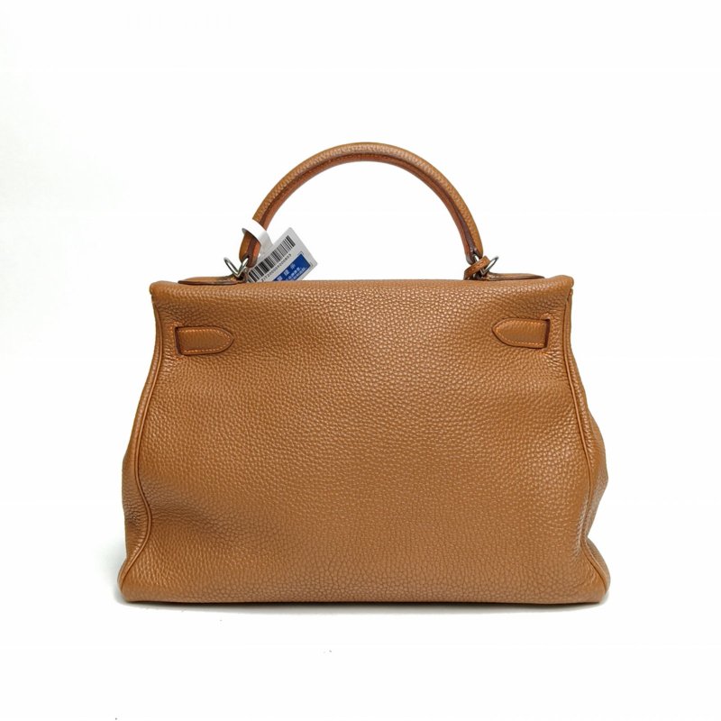HERMES Kelly32金棕色拼愛馬仕橙Togo皮框N銀扣肩背包-2
