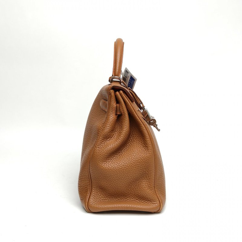 HERMES Kelly32金棕色拼愛馬仕橙Togo皮框N銀扣肩背包-3