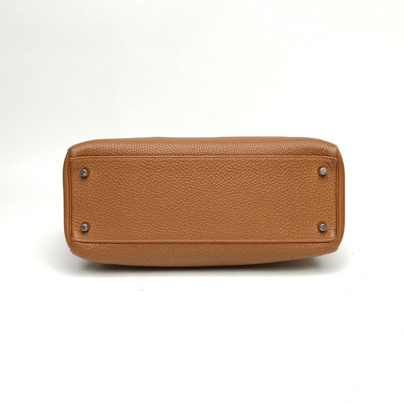 HERMES Kelly32金棕色拼愛馬仕橙Togo皮框N銀扣肩背包-4