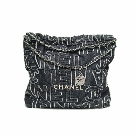 CHANEL 22BagTote托特包中號黑色牛仔晶片銀扣肩背包