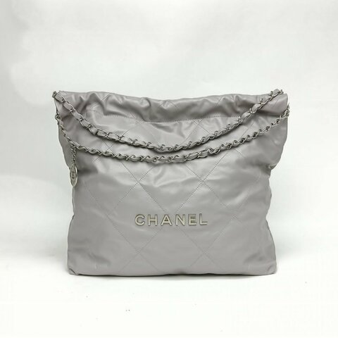 CHANEL 22BagTote托特包中號灰色牛皮晶片銀扣肩背包