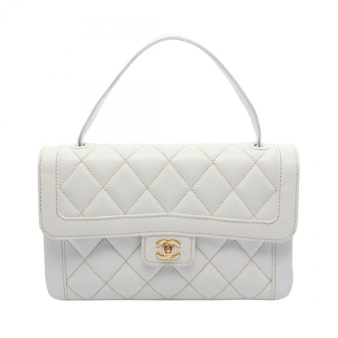 香奈兒 (CHANEL) 白色皮革手工縫線手提包，金色五金，二手，女士 Coco CC 標誌