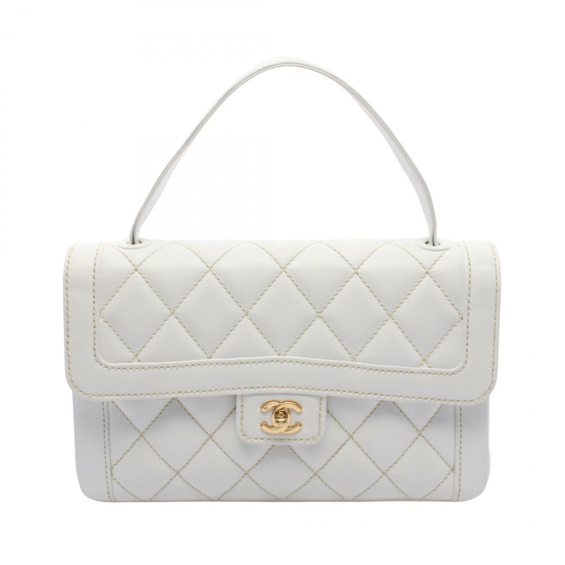 香奈兒 (CHANEL) 白色皮革手工縫線手提包，金色五金，二手，女士 Coco CC 標誌-0