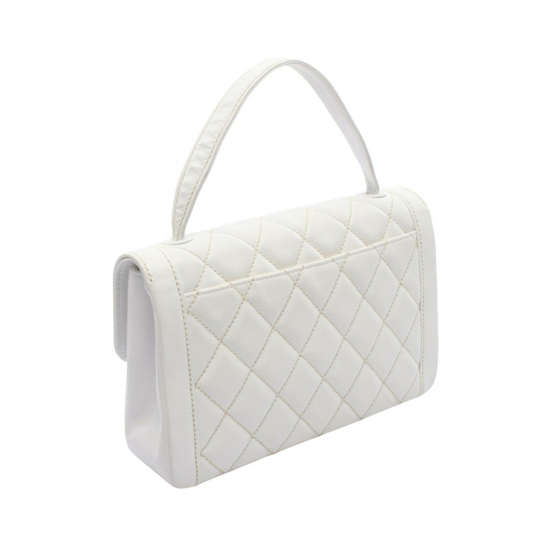 香奈兒 (CHANEL) 白色皮革手工縫線手提包，金色五金，二手，女士 Coco CC 標誌-1
