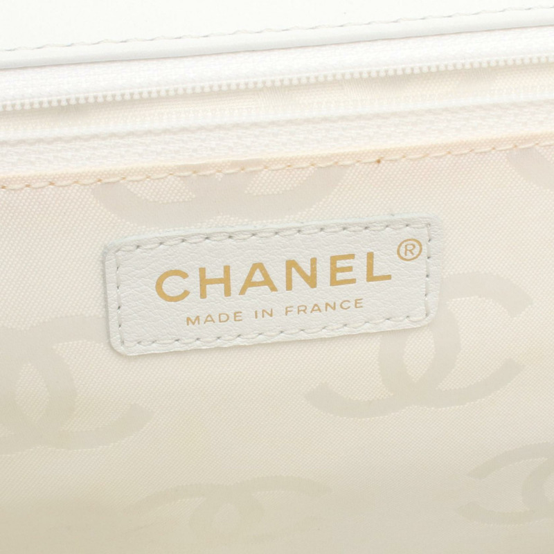 香奈兒 (CHANEL) 白色皮革手工縫線手提包，金色五金，二手，女士 Coco CC 標誌-3