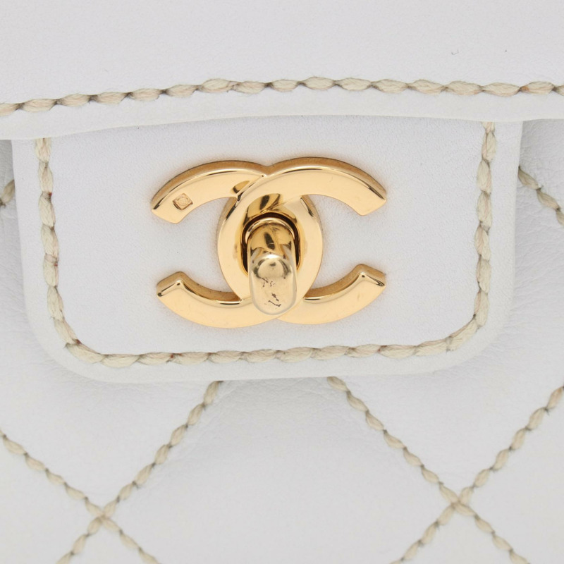 香奈兒 (CHANEL) 白色皮革手工縫線手提包，金色五金，二手，女士 Coco CC 標誌-12
