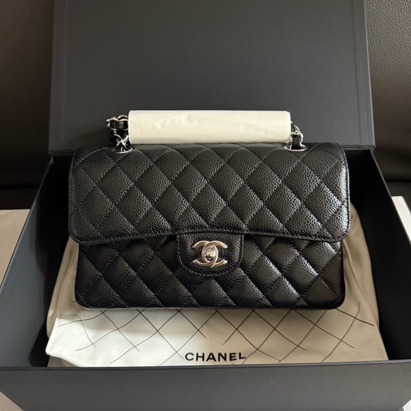 999新CHANEL香奈兒黑色銀扣黑銀荔枝紋牛皮CF小號口蓋包 單肩斜挎包-0