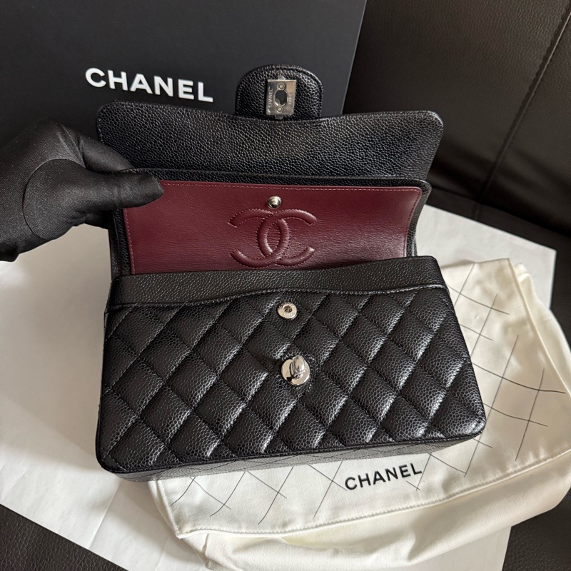 999新CHANEL香奈兒黑色銀扣黑銀荔枝紋牛皮CF小號口蓋包 單肩斜挎包-5