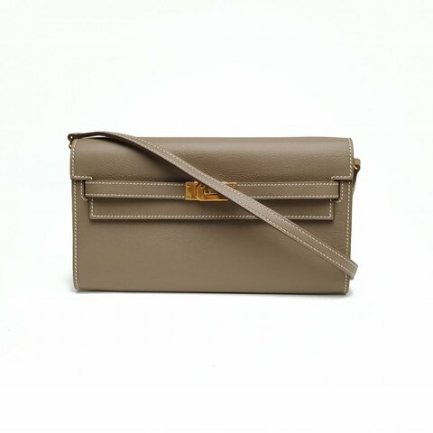 HERMES KellyLongToGo大象灰EC皮W刻金扣肩背包