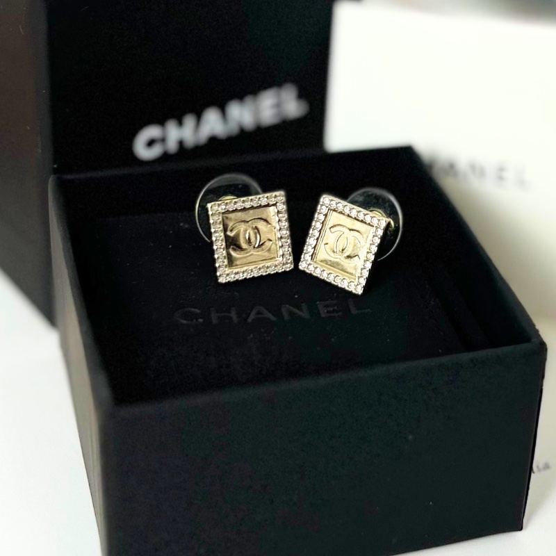 Chanel 雙Ｃ Logo 方糖復古鑲鑽耳環-0