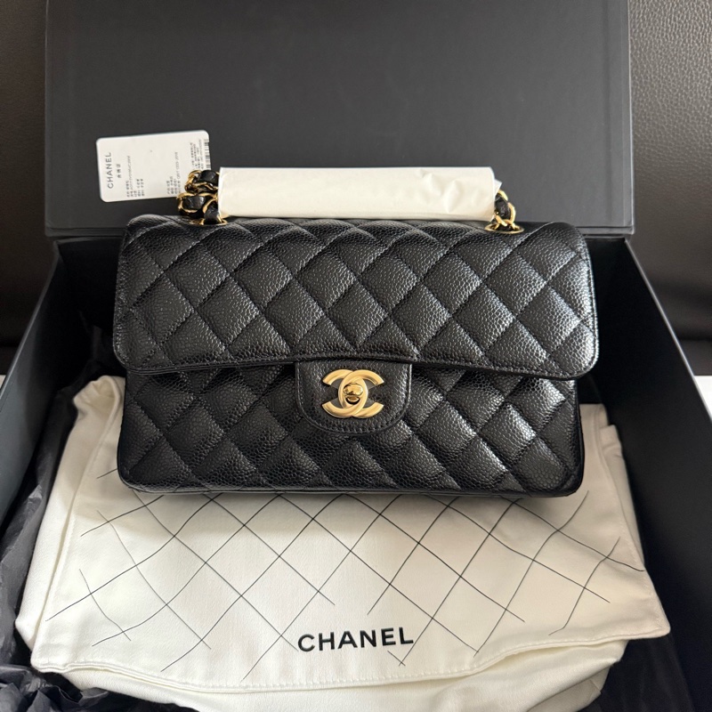 99新chanel香奈兒 黑色金扣黑金荔枝紋牛皮CF小號口蓋包單肩斜挎包-0