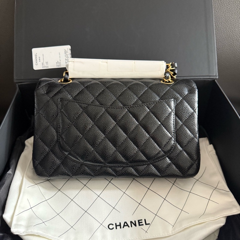 99新chanel香奈兒 黑色金扣黑金荔枝紋牛皮CF小號口蓋包單肩斜挎包-1