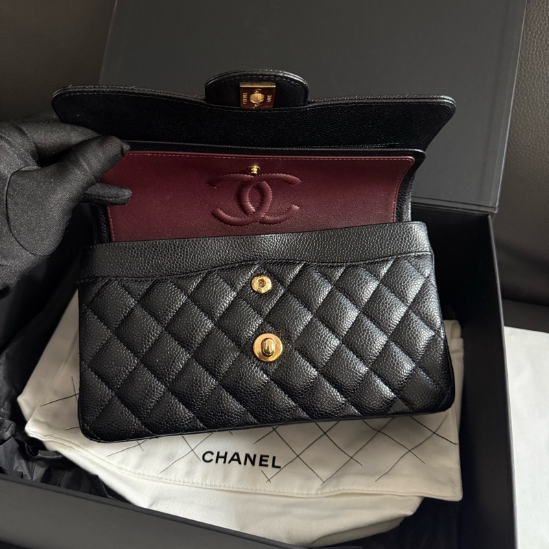 99新chanel香奈兒 黑色金扣黑金荔枝紋牛皮CF小號口蓋包單肩斜挎包-5