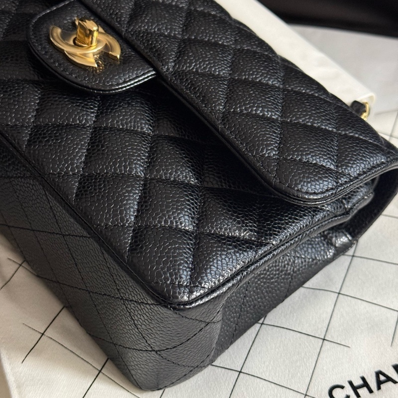 99新chanel香奈兒 黑色金扣黑金荔枝紋牛皮CF小號口蓋包單肩斜挎包-9