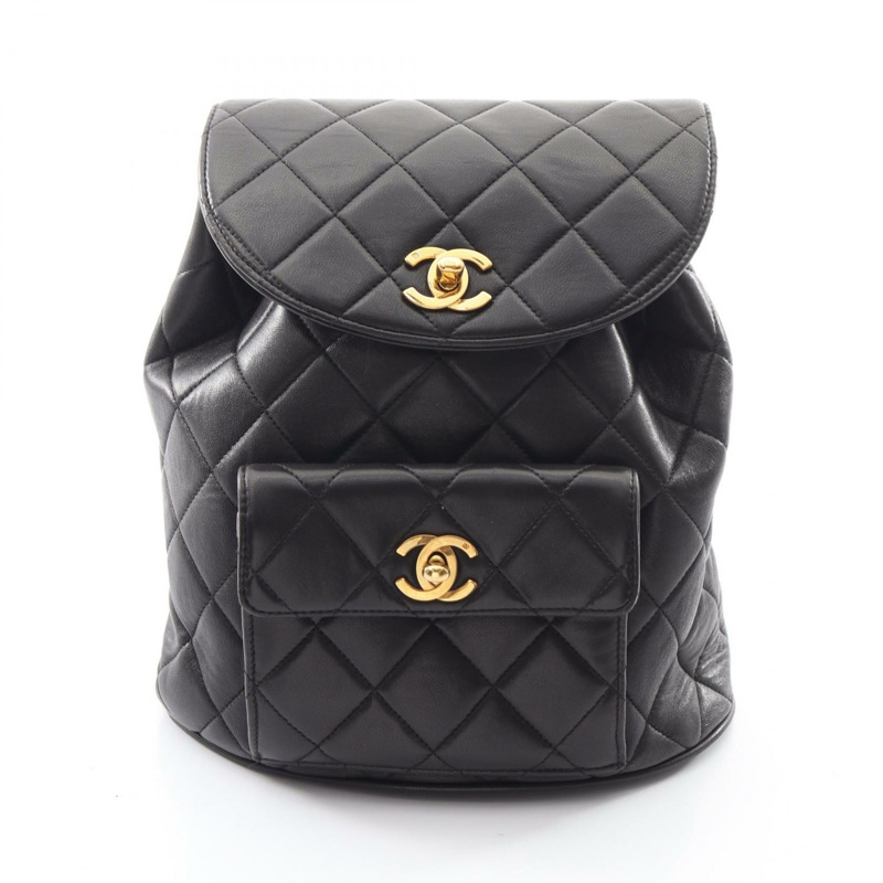 香奈兒 (CHANEL) 絎縫鏈條雙肩包，羊皮材質，黑色，金色五金，二手，女士款-0