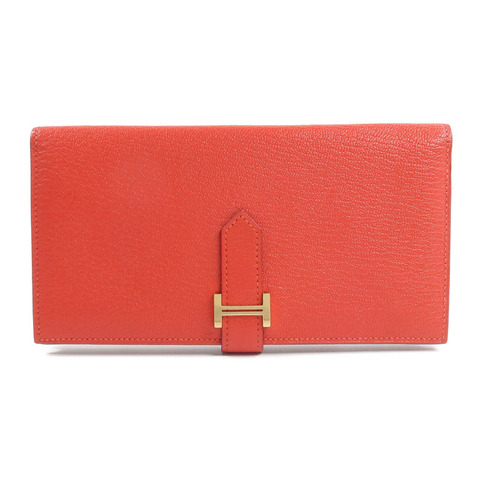HERMES Chevre皮革Bearn Wallet長錢包Rouge de Coeur