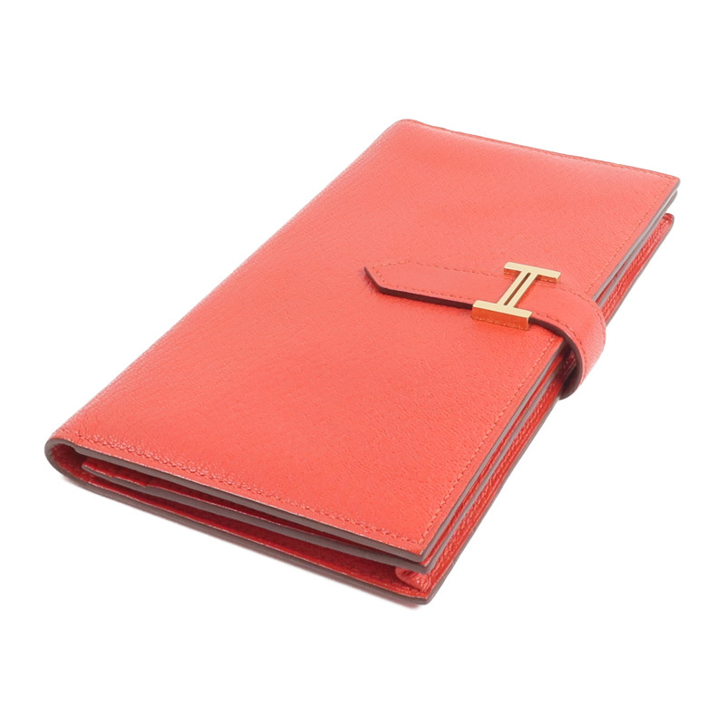 HERMES Chevre皮革Bearn Wallet長錢包Rouge de Coeur-3