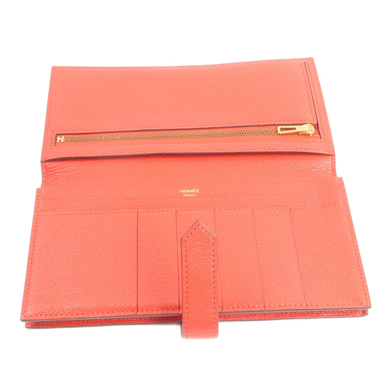 HERMES Chevre皮革Bearn Wallet長錢包Rouge de Coeur-11