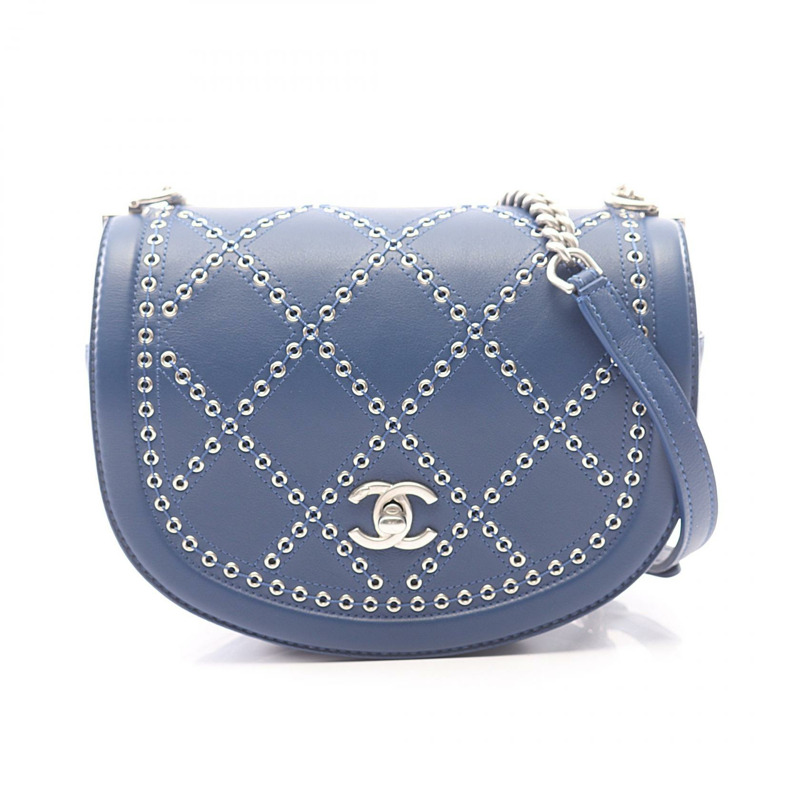 香奈兒 (CHANEL) Matelasse Coco Eyelet 圓形迷你肩背斜背包，藍色，二手，皮革材質-0